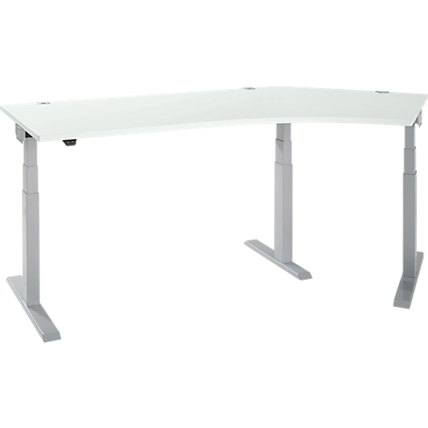 White, height-adjustable corner desk with silver legs against a white background.