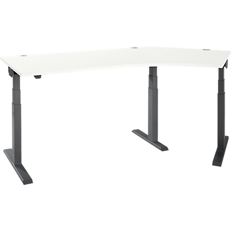 A white L-shaped desk with height-adjustable grey legs, against a white background.