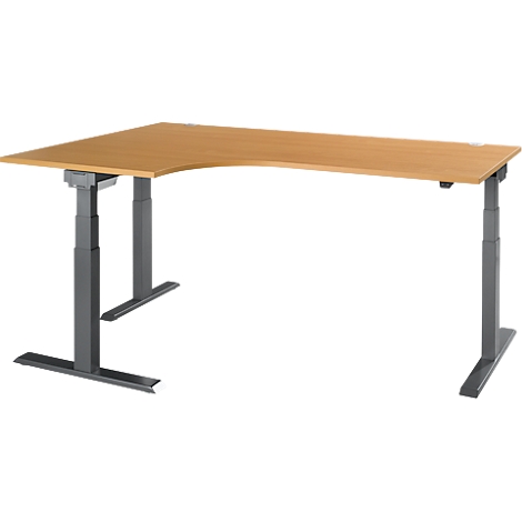 A corner desk with a light brown wooden top and gray, adjustable legs.