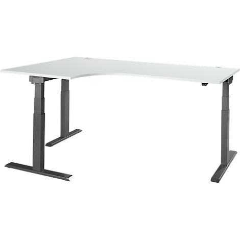 Corner desk with gray frame and white tabletop, ergonomic design.