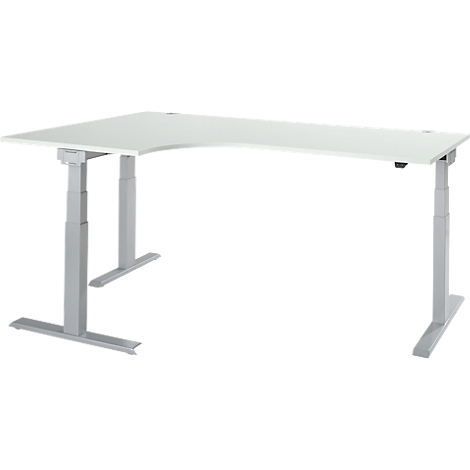 A white, corner desk with height-adjustable, silver-gray legs. The desk is placed against a white background.