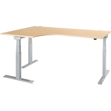 A light-colored corner desk with gray legs that are adjustable in height.