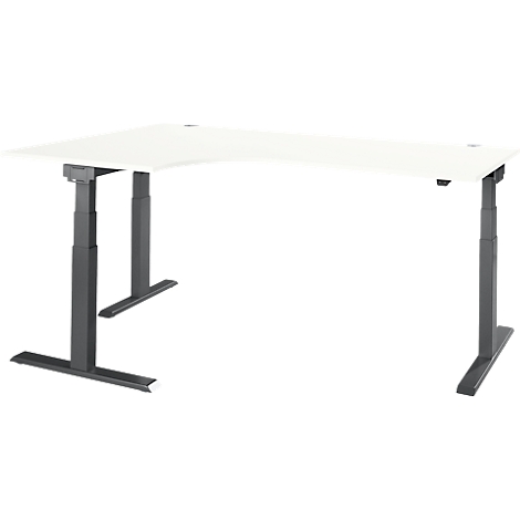 Corner desk with white tabletop and gray height-adjustable frame, against a white background.
