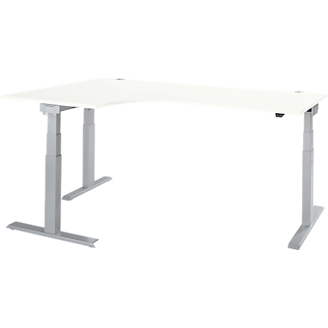 White, height-adjustable corner desk with grey legs, seen from above.
