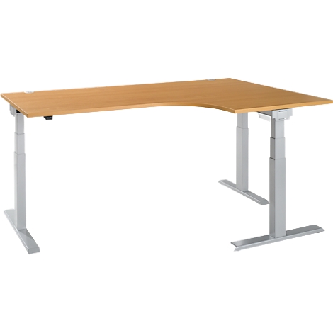 A light-colored, corner desk with height-adjustable, silver-colored legs. The tabletop is made of light wood.