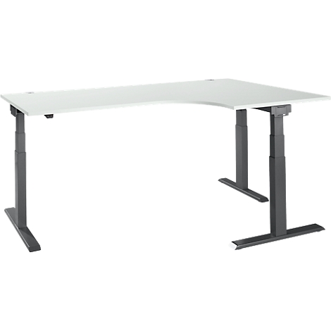 Corner desk, white, height adjustable, with gray metal legs.