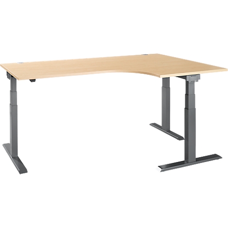 An ergonomic, height-adjustable corner desk with a light wood top and gray metal legs.