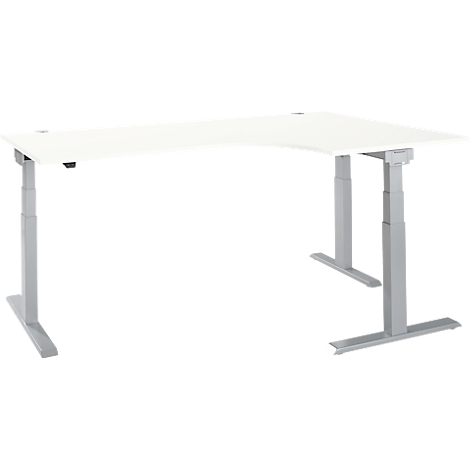 Corner desk, white tabletop, gray height-adjustable legs.