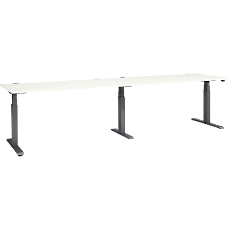 Height-adjustable desk with white top and gray legs, against a white background.