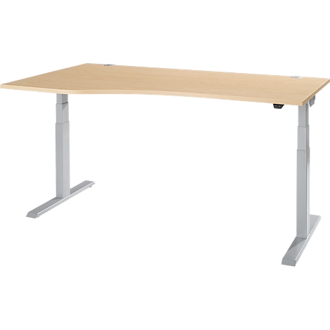 An adjustable height desk with a beige tabletop and gray legs against a white background.