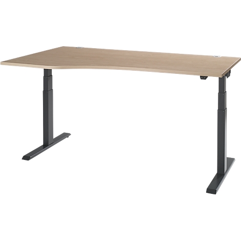 Beige desk with rounded edge, supported by gray height-adjustable legs.