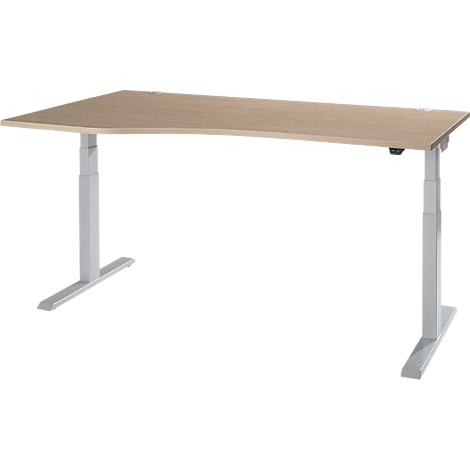 A bright, height-adjustable desk with a wooden top and silver legs.