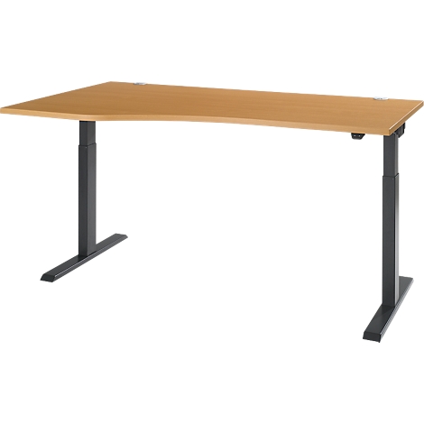 Height-adjustable desk, light brown tabletop, gray legs.