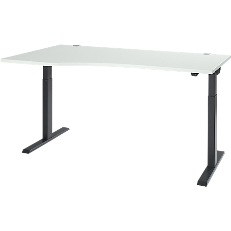 A white, rectangular sit-stand desk with a black, height-adjustable frame. The tabletop hovers in the air.