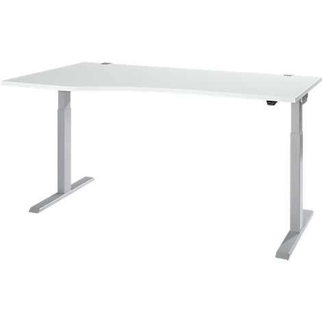 A white, height-adjustable desk with silver legs. The tabletop is rectangular. A control is attached to the right side.