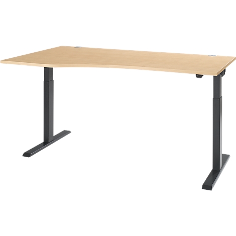 An adjustable height desk with a light wood top and black legs on a white background.