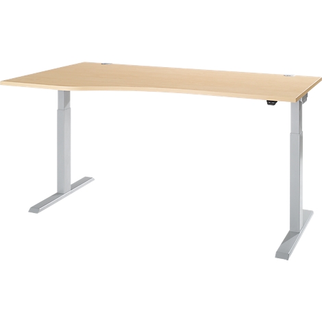 A height-adjustable desk with a light brown tabletop and gray legs, set against a white background.