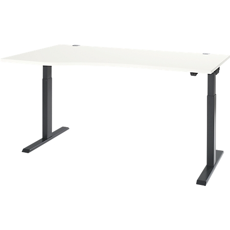 A white height-adjustable desk with gray legs and a rectangular tabletop. The desk stands isolated against a white background.