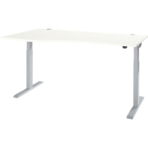 A white height-adjustable desk with gray legs and a control panel.