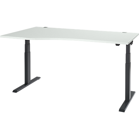 An adjustable desk with a white tabletop and black legs, set against a white background.
