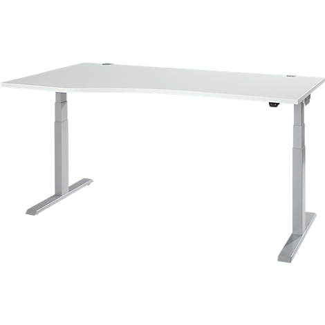 A white, height-adjustable desk, on gray legs. The table top is rectangular.