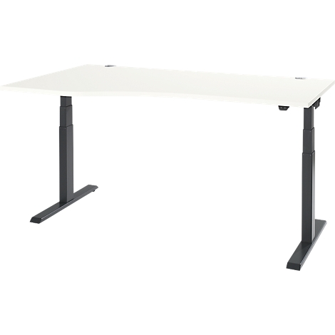 A white height-adjustable desk with a black frame, isolated on a white background.