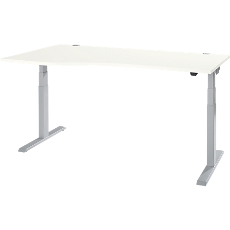 A white height-adjustable desk standing on two grey legs.