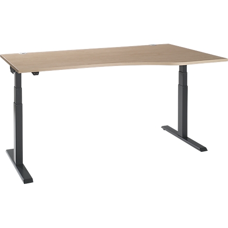 An adjustable-height desk with a light brown tabletop and gray-black legs.
