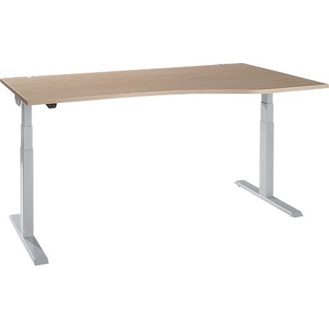 A beige, height-adjustable desk with metal legs, slightly tilted from top left to bottom right.