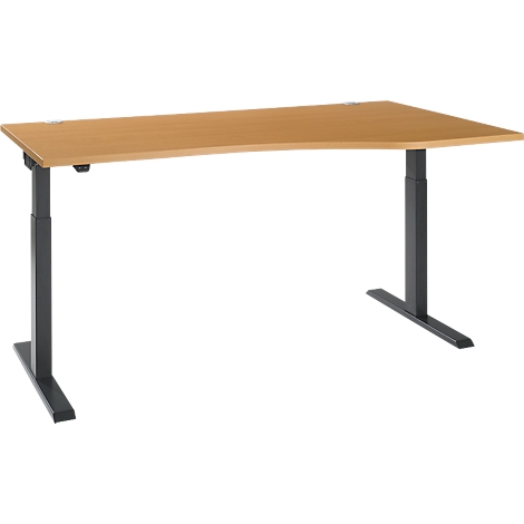 An adjustable height wooden desk with dark legs. The table has a slightly curved shape.
