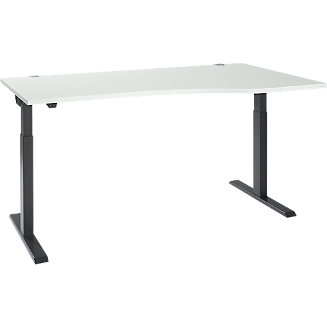 Desk with adjustable black legs and white tabletop.