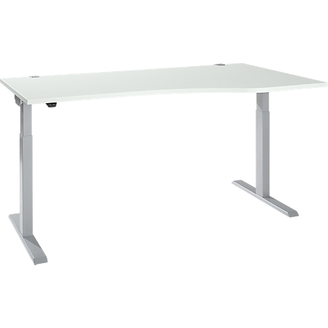 A white, height-adjustable corner desk with a gray frame. The desk is empty and stands against a white background.