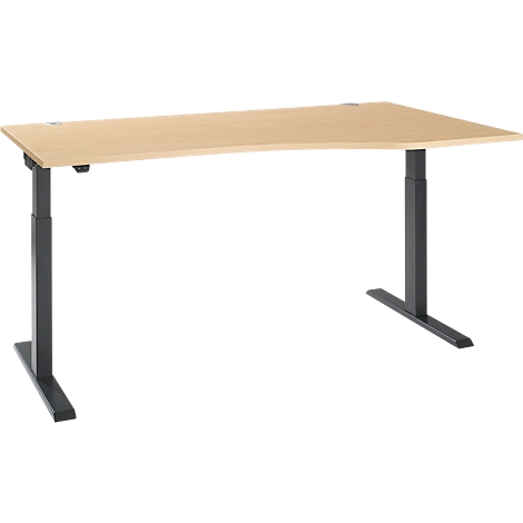 A height-adjustable desk with a light brown tabletop and dark legs, against a white background.