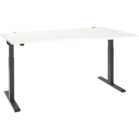 White height-adjustable desk with black legs against a white background.