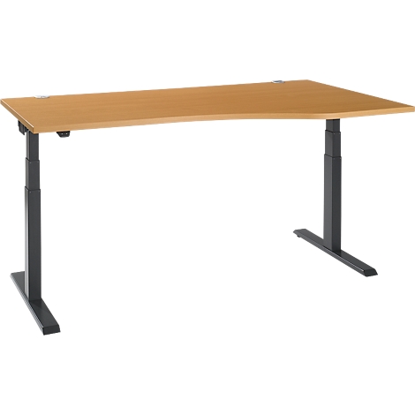 A height-adjustable desk with a light brown tabletop and gray legs. The tabletop has a slight curve.