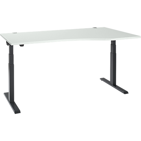 A height-adjustable desk with a white tabletop and black legs.