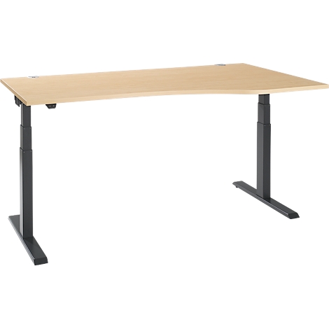 Light brown height-adjustable desk, black legs, slightly rounded edge.
