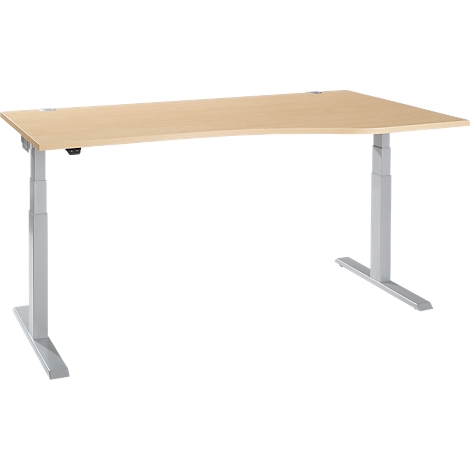 Height-adjustable desk made of light wood, with silver legs, on a white background.