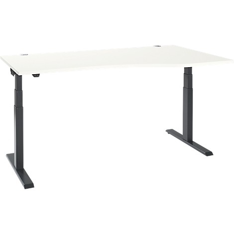 Height-adjustable desk against a white background. The tabletop is white, the legs are black.