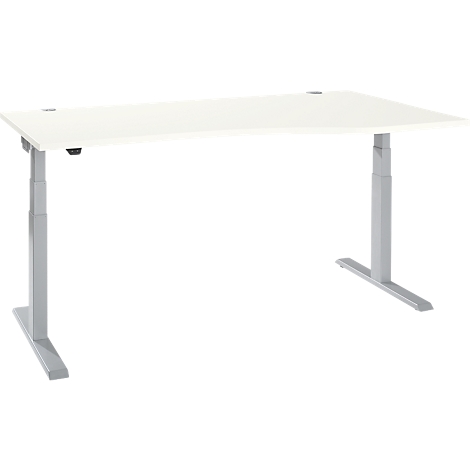 A white, height-adjustable desk, against a white background. Two gray legs with a foot.