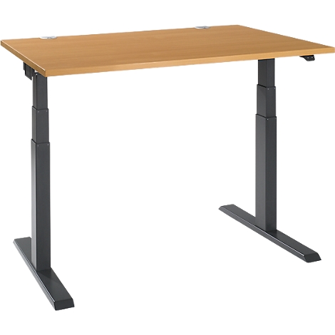 A height-adjustable desk with a light brown tabletop and black legs. The height can be adjusted.