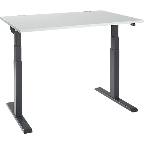 Desk with a grey tabletop and height-adjustable black legs.
