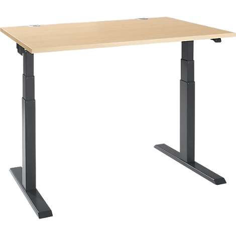 An adjustable height desk with a light brown tabletop and dark gray legs. The desk legs are rectangular.