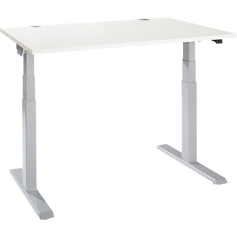 A white, height-adjustable desk, with silver legs, on a white background.
