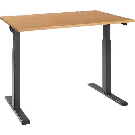 An adjustable wooden desk with dark metal legs. The tabletop is light brown, the legs are dark grey.