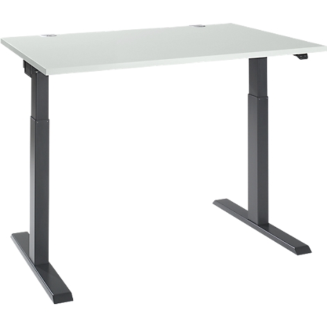A height-adjustable desk with a white tabletop and gray legs against a white background.