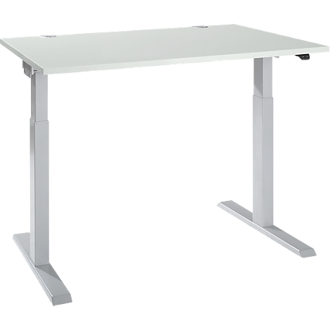 White height-adjustable desk with a rectangular tabletop and silver legs.