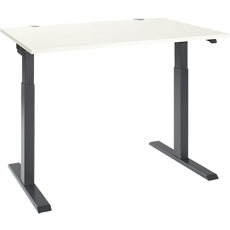 A height-adjustable desk. White tabletop, gray legs, and control elements.