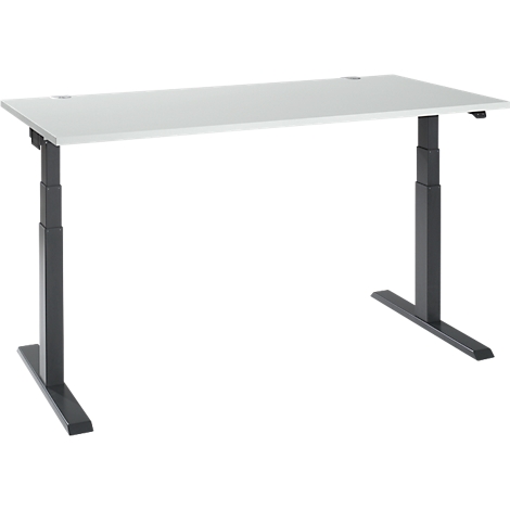 An adjustable height desk with a white tabletop and dark metal legs. The desk is shown in detail.