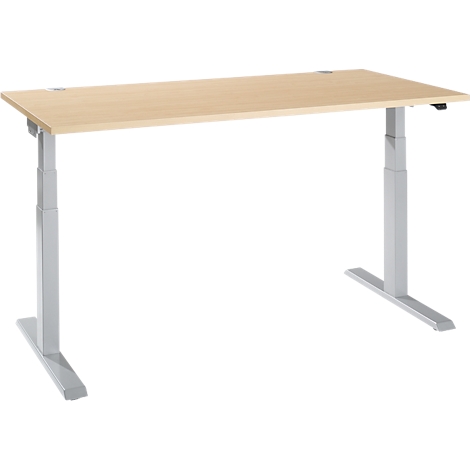 An adjustable-height desk, light brown table top and gray metal legs, on a white background.